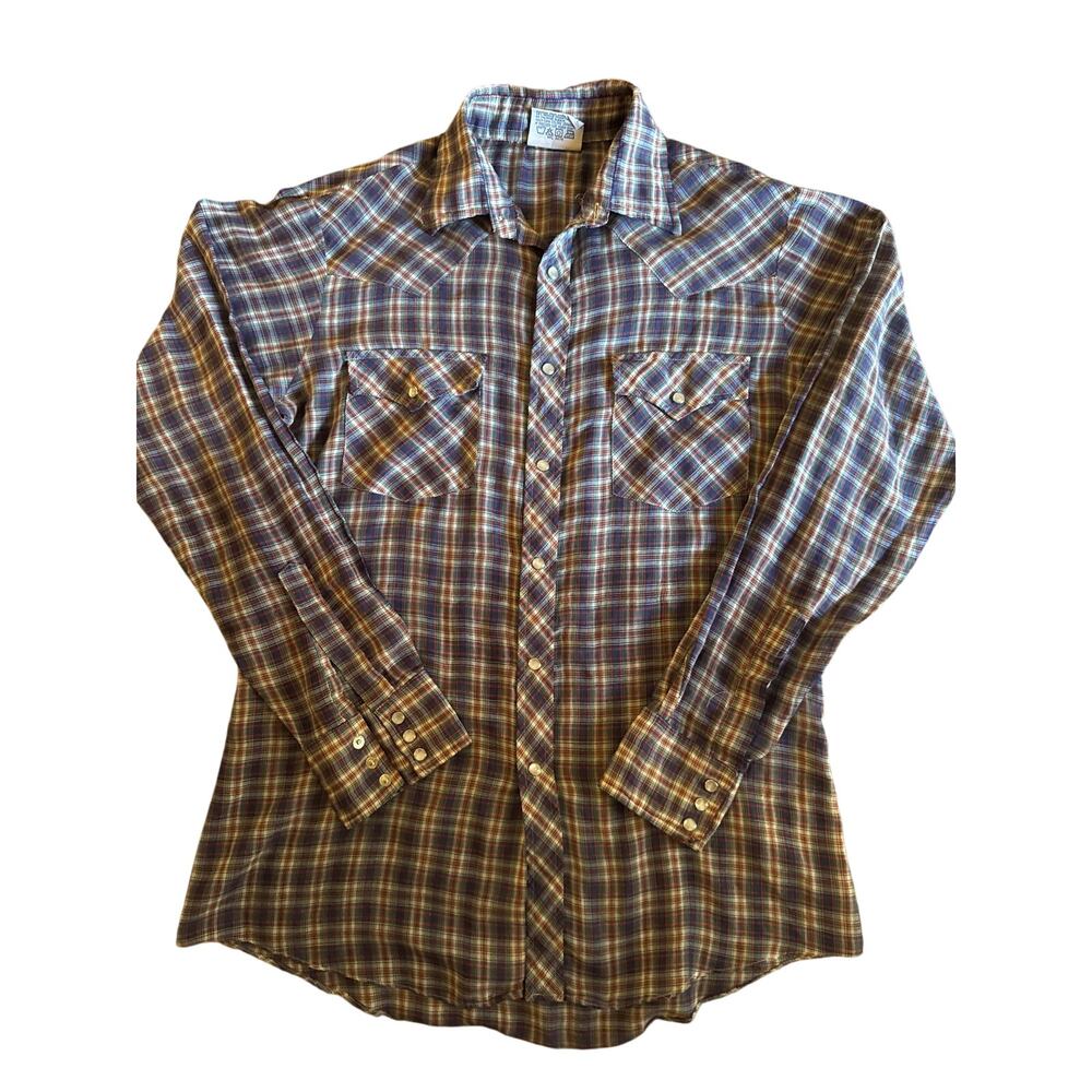 Vintage Saturdays Medium Blue Green Red Tattersall Plaid Pearl Snap Western